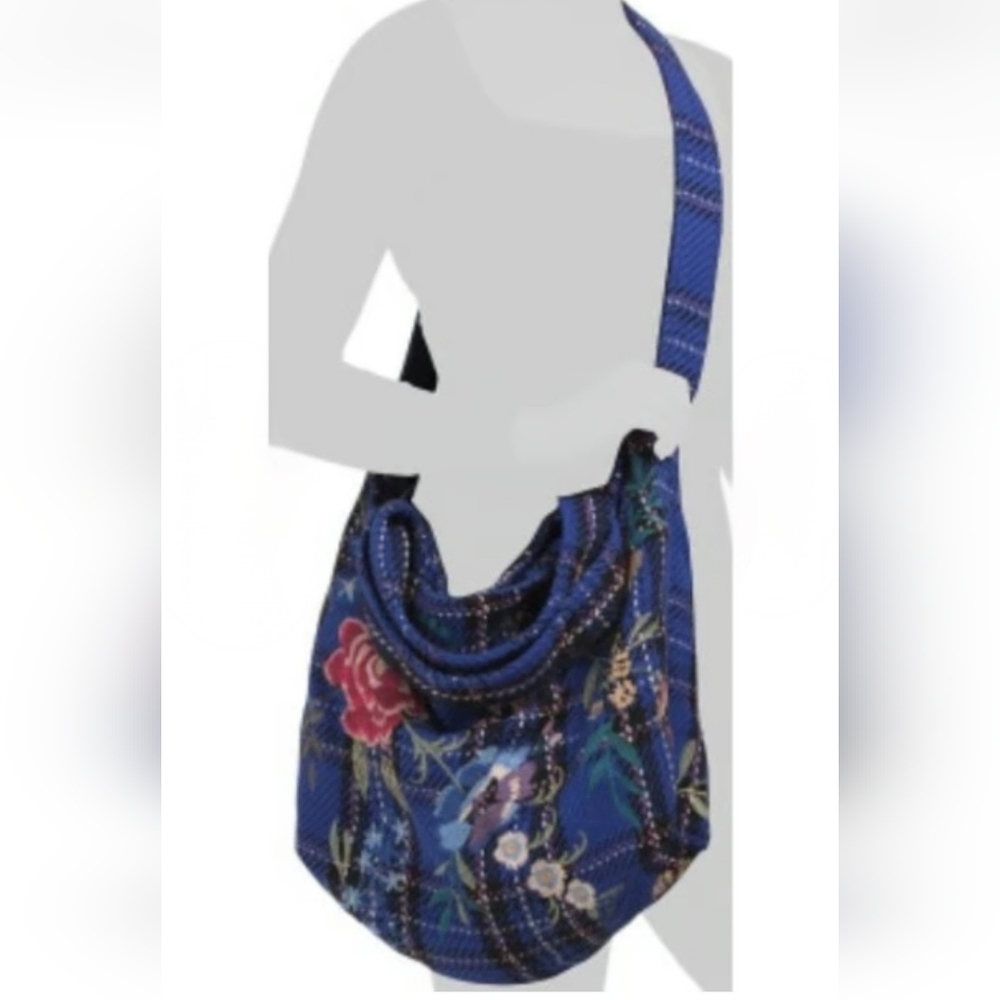 JOHNNY WAS Mila Oversized Floral Embroidered Hobo Plaid Blue Navy Red Tote NWT - Picture 8 of 12
